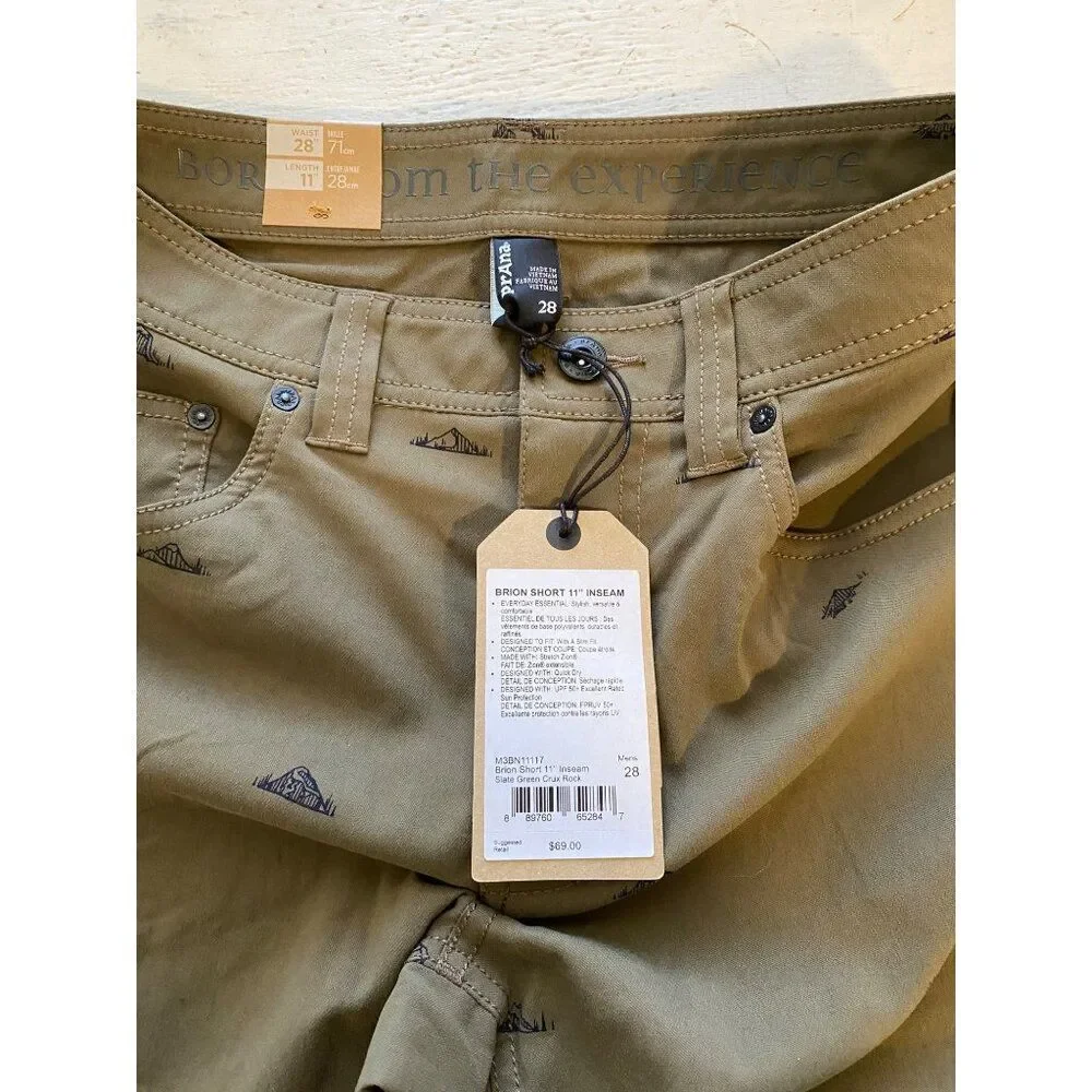 Prana Mens Shorts Slate Green 28” Waist Stretch Slim Fit Mountain Print NEW NWT